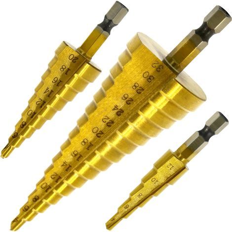 Set di 3 punte da trapano a gradini, in acciaio inox HSS, 4-12/20/32 mm, coniche triangolari in titanio, con attacco esagonale, per forare acciaio, ottone, legno e plastica. (1/4)