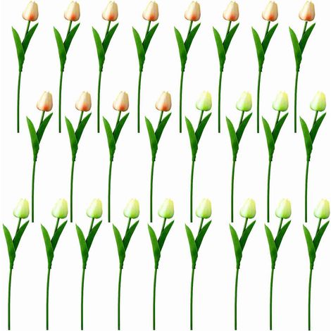 Künstliche Plastiktulpen, unechte Tulpen für Hochzeiten, Heim- oder Hoteldekoration: 12 champagnerfarbene Tulpen und 13 hellgrüne Tulpen. (1/2)