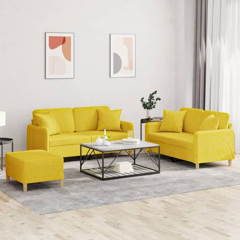 Ensemble canapé 3 pièces avec 2 canapés 2 places et pouf, tissu jaune clair - PANGIVO (1/5)