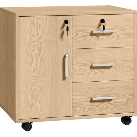 Caisson de bureau verrouillable, 3 tiroirs et étagère ajustable, roulettes, 40x60x56 cm, teinte chêne clair (1/5)