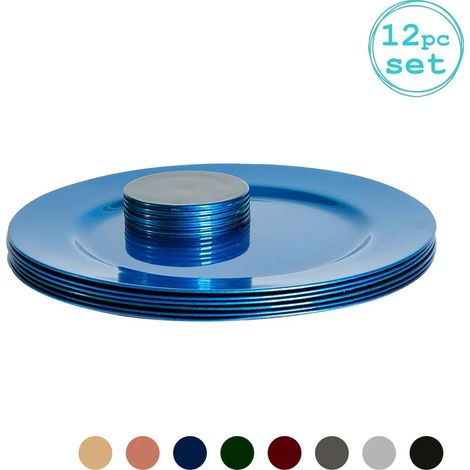 Ensemble de 12 assiettes de présentation et sous-verres Argon Ta - Finition métallique - 33 cm - Bleu (1/4)