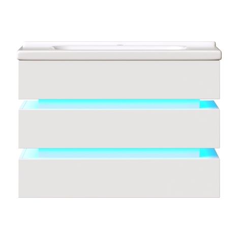 Meuble salle de bain mural LED blanc vasque céramique tiroirs soft close