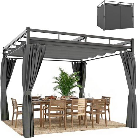 3x3 m große Gartenpergola mit einziehbarem Dach und UV30+-Schutzvorhängen, graue Metallkonstruktion für Terrasse oder Balkon
