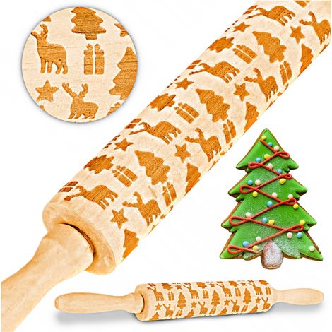 Rodillo de madera con estructura grabada y motivos navideños para galletas de jengibre. (1/5)