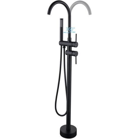 Robinet de Baignoire Ilot 2 Modes Mitigeur de Baignoire Ilot avec Douchette, Rotation à 360° Robinet de Baignoire sur Pied Laiton Robinet Mitigeur au Sol Moderne et Simple (Noir) (1/5)