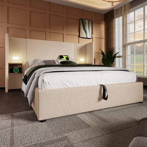 Lit double 160x200 cm avec table de chevet, lampes led, ports usb-c, cadre bois métal, tissu beige blanc sans matelas (1/5)
