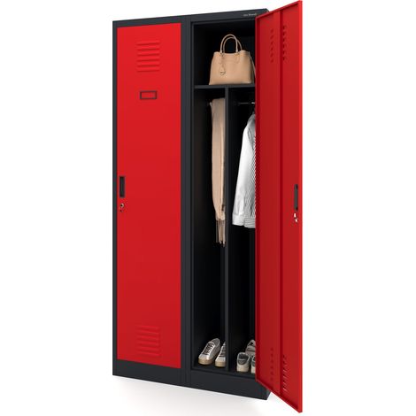 Jan Nowak Stahlspind Garderobenschrank Spind Kleiderspind Doppelspind 2 Abteile Flügeltüren Trennwand Pulverbeschichtung 180 cm x 80 cm x 50 cm (H x B x T) (anthrazit/rot) (1/5)