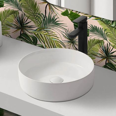 Lavandino da appoggio 40 cm design tondo in ceramica bianco lucido (1/5)