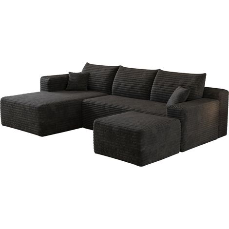 Sofá esquinero L de 241 cm negro de tejido pana, asiento profundo, sin montaje (1/5)