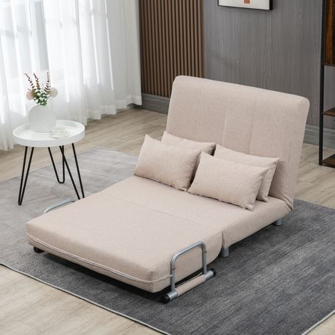 Divano Letto 2 Posti 3 in 1 Convertibile in Poltrona Reclinabile con Schienale Regolabile e 4 Cuscini Imbottiti, 102x82x81 cm, Beige (1/5)