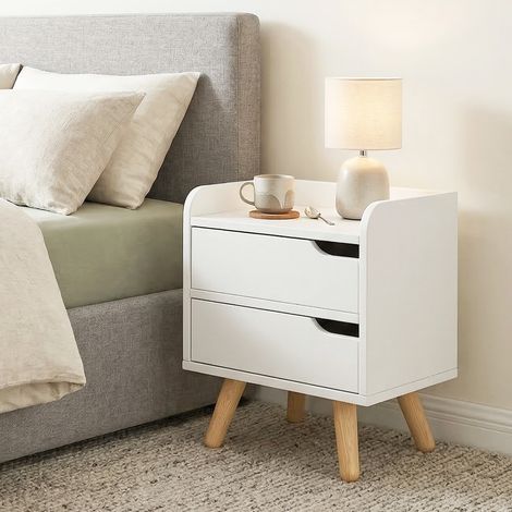 Table de chevet gain de place pour chambre à coucher, table de chevet moderne avec 2 tiroirs, design simple, bois blanc, pieds en pin, 33 x 28 x 42 cm, blanc (1/5)