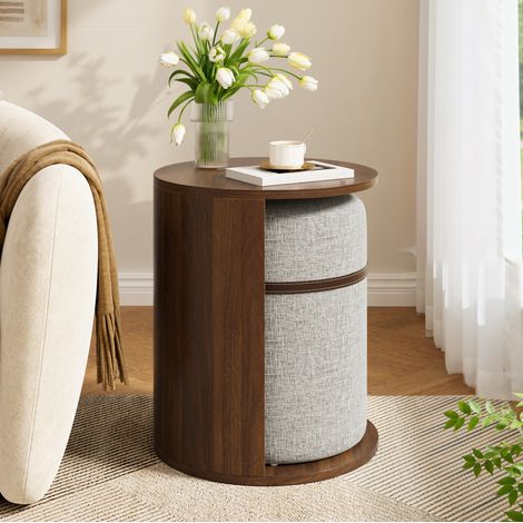 Tavolino rotondo 38x38x47,5 cm in MDF e pino noce con sgabello salvaspazio – MEUBLIV (1/5)