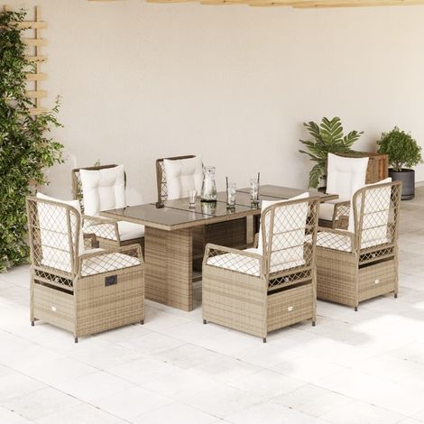 Ensemble repas de jardin 7 pièces en poly rotin beige avec table et 6 fauteuils inclinables, 91.2kg - PANGIVO (1/5)