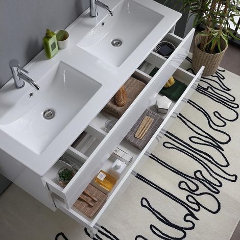 Kiamami Valentina – Meuble de salle de bain suspendu 120cm blanc brillant – Double lavabo en céramique – 2 tiroirs avec fermeture ralentie – Miroir 120x60 et 2 lampes — vue 4