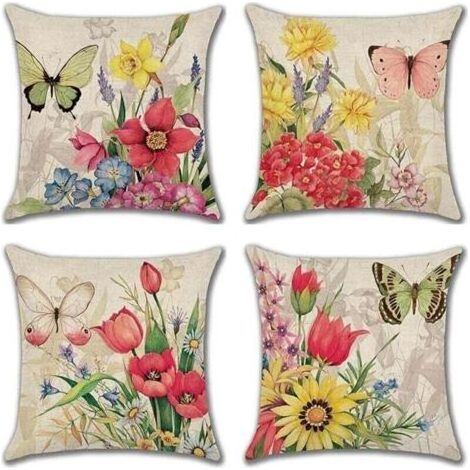 Set aus 4 dekorativen Leinenkissenbezügen für Sofa, Outdoor-Kissenhülle mit bunten Blumen, Vögeln und Schmetterlingen, Heimdekoration für Wohnzimmer und Schlafzimmer, 45x45 cm (1/5)