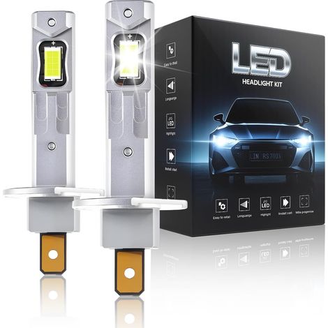 H1 LED, 6500K Ampoule LED H1 Voiture, 50000LM Ampoule H1 LED Ultra Puissante, 900% Luminosité, 1:1 Taille Halogène, IP68, 90000+ Heures de Durée de Vie, Plug-N-Play, Non Polarité, 2 Pièces (1/5)