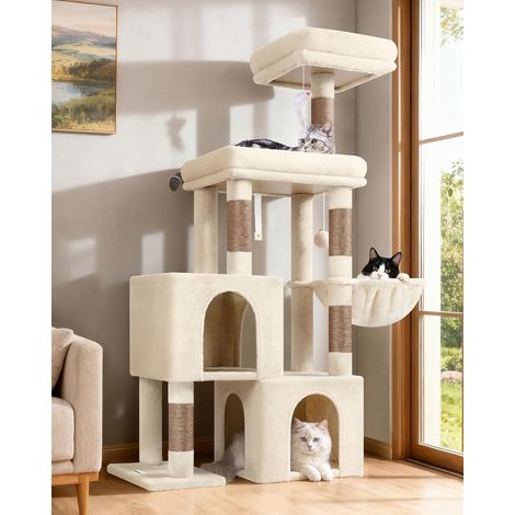 Arbre a Chat Beige Stable XL 134cm pour 2-4 Chaton Chat Vieux (1/5)