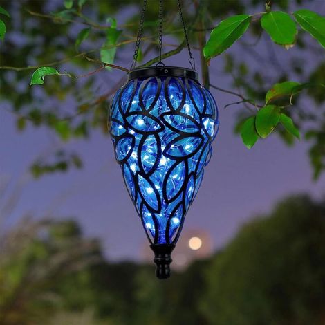 royaluxe -Lanterne solaire suspendue d'extéri en plastique, 15 LED blanc froid, effet scintillant, lanterne suspendue en forme de larme, décoration de jardin, lumières solaires décoratives pour jardin (1/5)