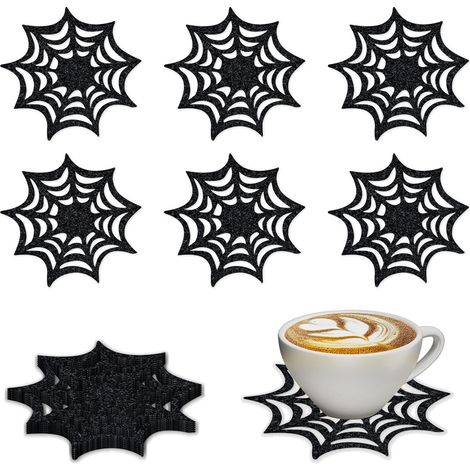 6-teiliges, vormontiertes Halloween-Spinnennetz-Becherset – 13,2 x 14 cm, schwarzes Spinnennetz-Getränkebecherset, doppellagig, aus Vliesstoff (1/5)