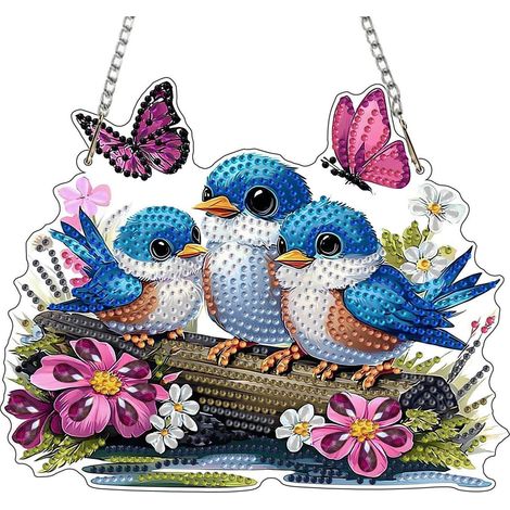 Pendentif Diamond Painting avec chaîne, Oiseaux bleus & papillons, Décoration murale suspendue, 20x20cm