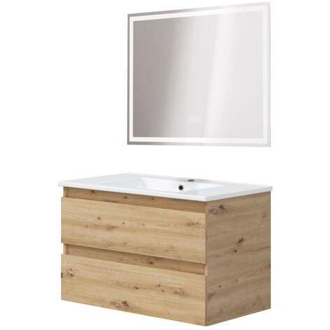 Ondee – Meuble salle de bain suspendu LILA 80 cm – 2 tiroirs en MDF – Miroir LED rectangulaire LAURA – Plan vasque en céramique blanche
