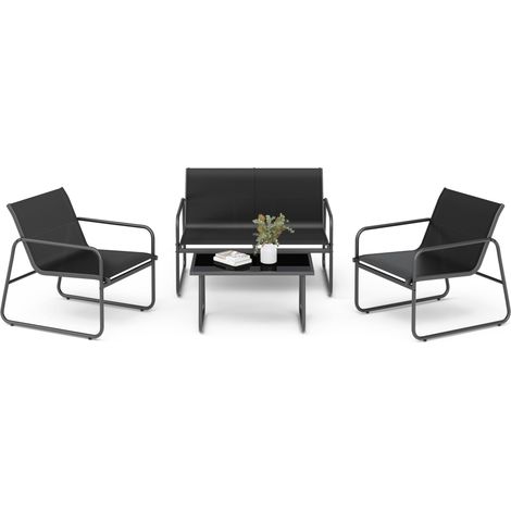 Salon de Jardin Extérieur 4 places, Mobilier Métal et Textilène avec 3 Assises et 1 Table basse, Noir, Mondeer