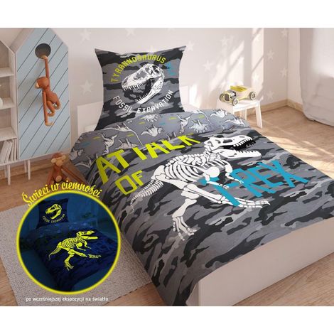 Phosphoreszierende Bettwäsche 140x200 Dinosaurier T-Rex Skelett grau camo 3042 A 2339