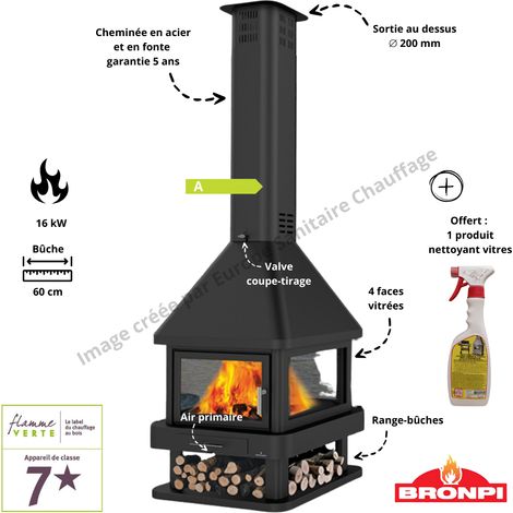 Bronpi – Cheminée à bois 4 faces centrale 16 kW – Design moderne avec vitre propre – Chauffe jusqu'à 400 m³ – Acier et fonte – Économie d'énergie