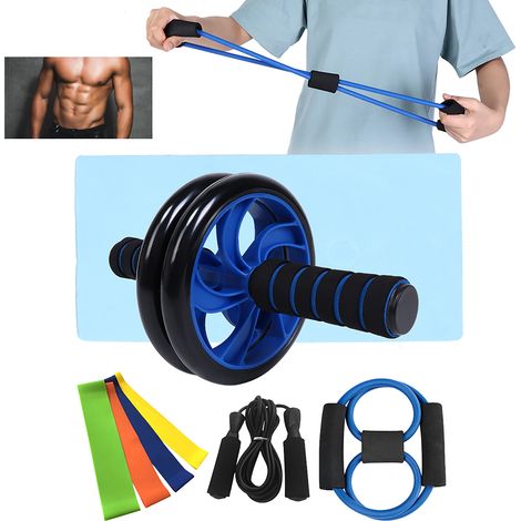 Roue d'entraînement pour abdominaux, corde de saut et élastique pectoral - Kit complet de musculation à domicile