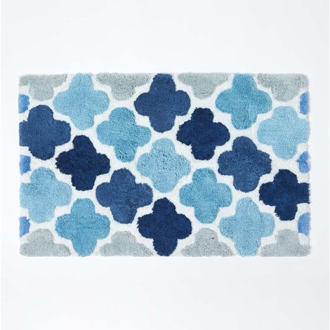 HOMESCAPES Blue and Grey Pattern Cotton Bath Mat - Blue - Blue