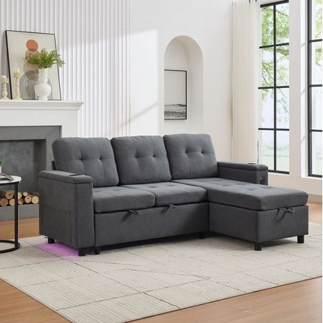 Canapé-lit 208/146/89,5 cm gris avec coffre, LED et ports USB (1/5)