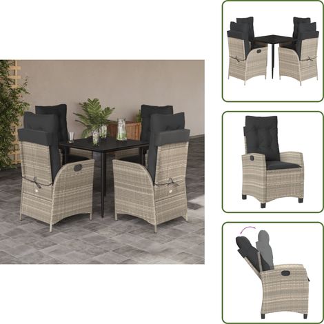 Garten-Essgruppe - vidaXL 5-tlg. Garten-Essgruppe mit Kissen Hellgrau Poly Rattan - Relaxsessel (1/5)