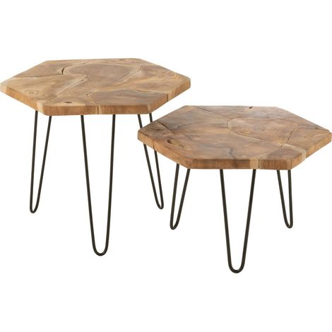 Table gigogne hexagone bois de teck et métal naturel design - Teck naturel et métal noir (1/4)