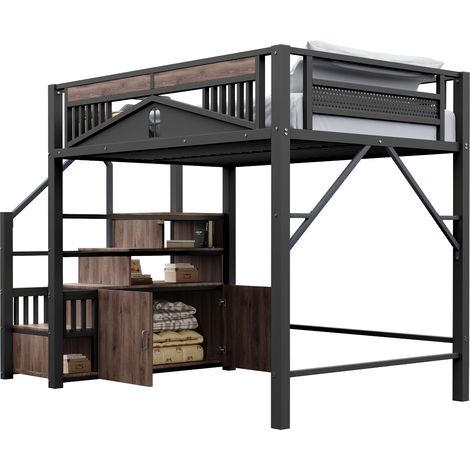 Hochbett 140×200 cm, Doppelbett mit Stauraumtreppe und Kleinem Schrank, ohne Matratze, Schwarz (1/5)
