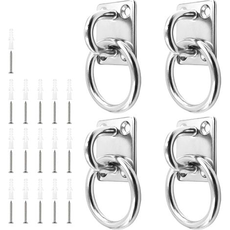 Juego de 4 anillos de fijación de acero inoxidable para caballos, con placa de ojal de 6 mm, base cuadrada, tornillos y tubo separador, apto para postes de madera y paredes sólidas. (1/5)