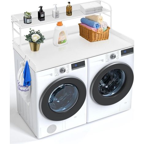 Étagère 2 Niveaux 1370x700 mm Comptoir pour Lave-Linge Sèche-Linge Rangement Buanderie Sans Perçage Blanc (1/5)