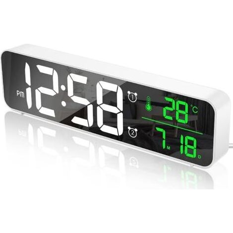 Digitaler Wecker, Wanduhr mit Morgenalarm, LED-Digital-Spiegel, großem Bildschirm mit Temperatur- und Datumsanzeige, 2 Alarme, 40 Musikoptionen, 6 einstellbaren Helligkeitsstufen, USB-Uhr für Zuhause  (1/5)