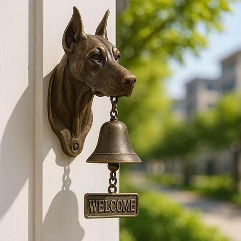 Sonnette de porte rétro en forme de chien, en fonte et résine, avec cloche en laiton (Doberman) (1/5)