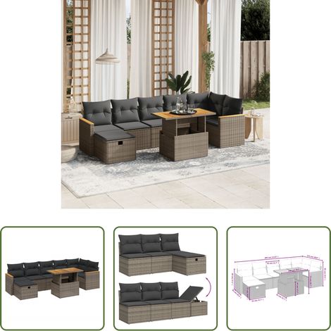 vidaXL Gartentisch mit Bezug - 8-tlg. Garten-Sofagarnitur mit Kissen Grau Poly Rattan (1/5)