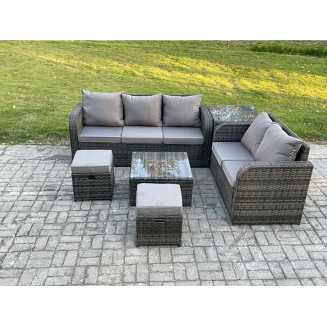Fimous PE Rattan Garden Furniture Sets 7 Seater Outdoor Lounge Sofa Set Square Coffee Table 2 Small Footstools Side Table (1/5)