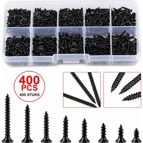 400-teiliges Set M2-Blechschrauben schwarz 8 Größen 4 bis 20 mm Sortiment an Holzschrauben mit Kreuzschlitzkopf inklusive Aufbewahrungsbox für (1/5)