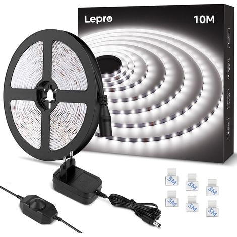 LED Strip 10 m Cool White 6000K Dimmable 2000lm 18W 420 LEDs 2835, with dimmer and 24V adapter included, self-adhesive, for dressing room, furniture, staircase (1/5)