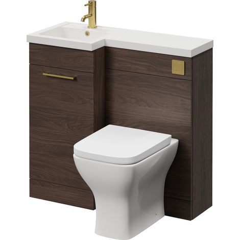 Napoli 390 Brown Oak 900mm Single Door Vanity Unit Toilet Suite with Left Hand Square Lucia Basin - 900mm - Brushed Brass 160mm HandleWith Kingston Toilet Pan and Seat