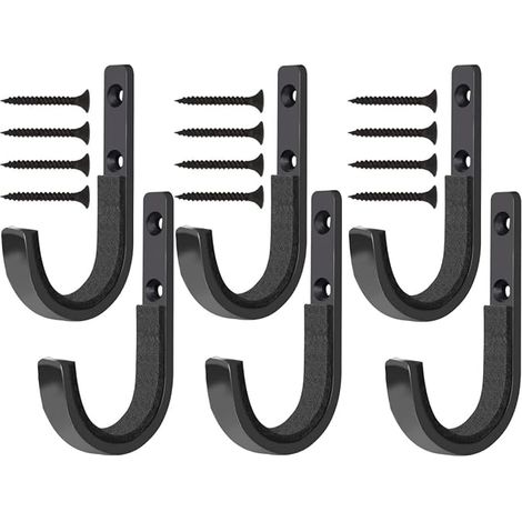 Ganchos metálicos de pared de 6 piezas (tipo J), ganchos, ganchos de pared, con almohadillas suaves, ganchos de pared perforados, ganchos de metal - Negro (1/5)