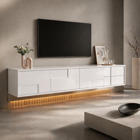 Mueble TV 170x30x30,5 cm blanco alto brillo con 3 puertas y 2 cajones (1/5)