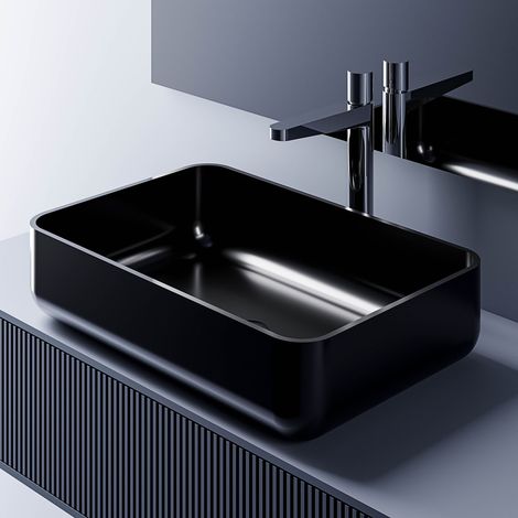 BERNSTEIN - Lavabo moderno Lavabo de hierro fundido, Lavabo independiente con tapa - 54x36x13cm - PB2001 Negro (brillo), Con tapa negra