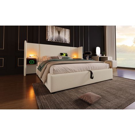 Cama con almacenamiento 160x200 cm de lino beige, con colchón, luz de lectura LED, USB/Type-C, somier de madera y metal (1/5)