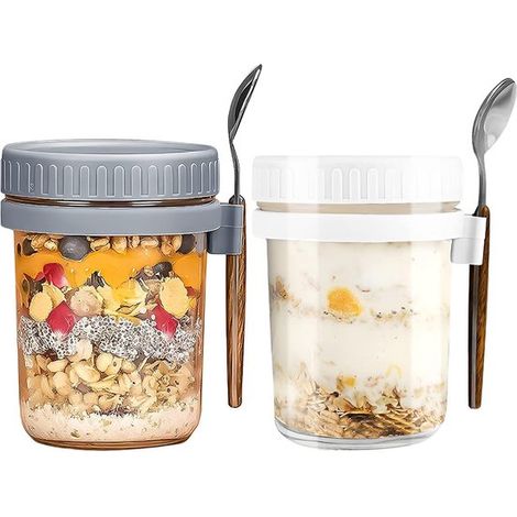 Contenitore in vetro per overnight oats con coperchio e cucchiaio, 283,5 g. Con linee di misurazione, contenitore ermetico di grande capacità per latte, colazione (1/2)