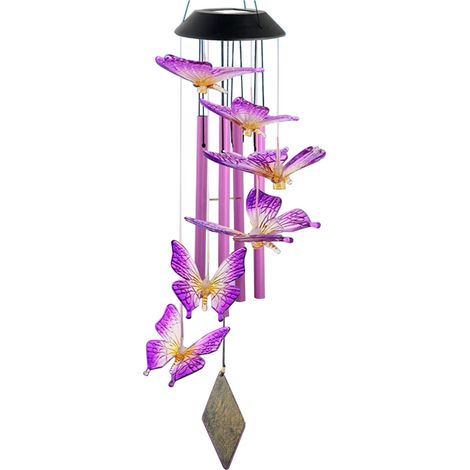 Lumière solaire colonne à bulles en fer avec tubes violets et papillons, carillon éolien solaire en fer pour jardin, décoration extérieure. (1/5)