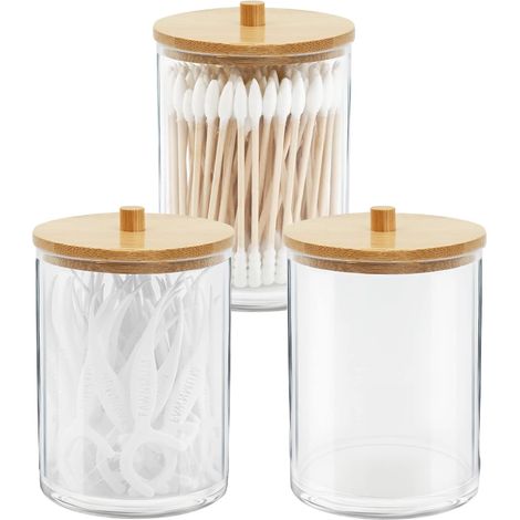 Lot de 3 Récipients Acrylique Couvercle Bambou Storage Salle De Bain (1/5)
